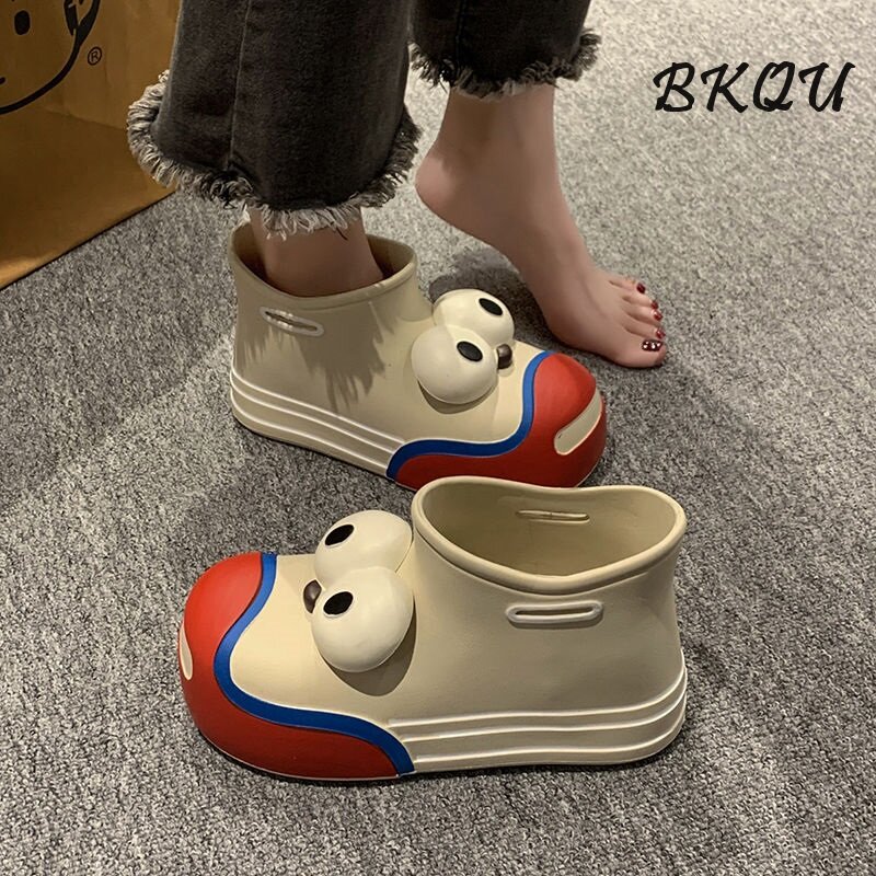 BKQU Cute Funny Big Eyes Rain Shoes Ins High Appearance Level 2024 Spring New Clown Short Outside Wearing Ankle Boots