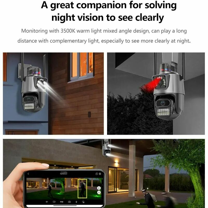 Câmera de vigilância por vídeo impermeável, proteção de segurança dupla, 4K, 8MP, WiFi, CCTV, luz policial, alarme, IP