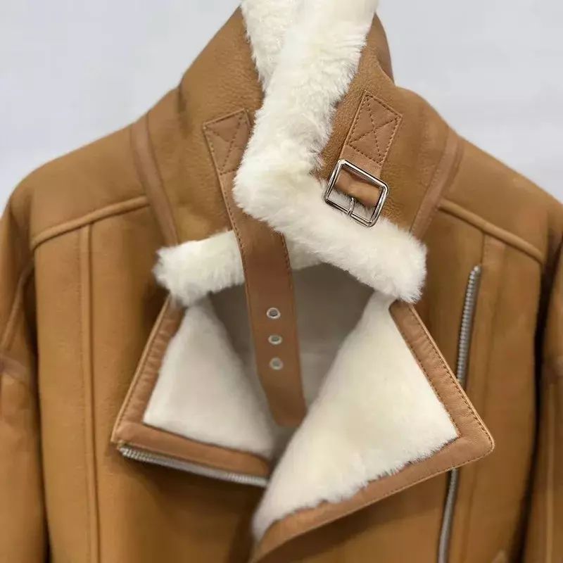 Zimowe grube futrzane kurtka w stylu Shearling płaszcz z prawdziwej owczej skóry pani z kołnierzem wełniany płaszcz moda Streetwear ciepła