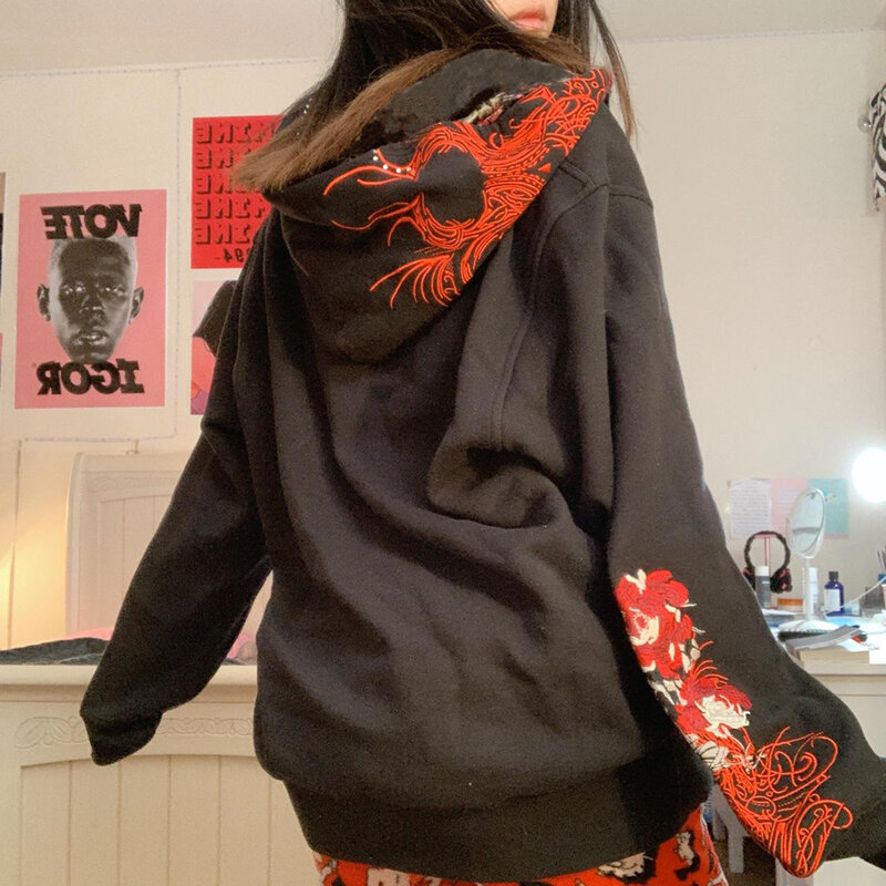 Dourbesty Vintage Gothic Grunge Skull stampa Zip Up felpe Dark Academia Harajuku Autunm cappotto estetico top Y2k