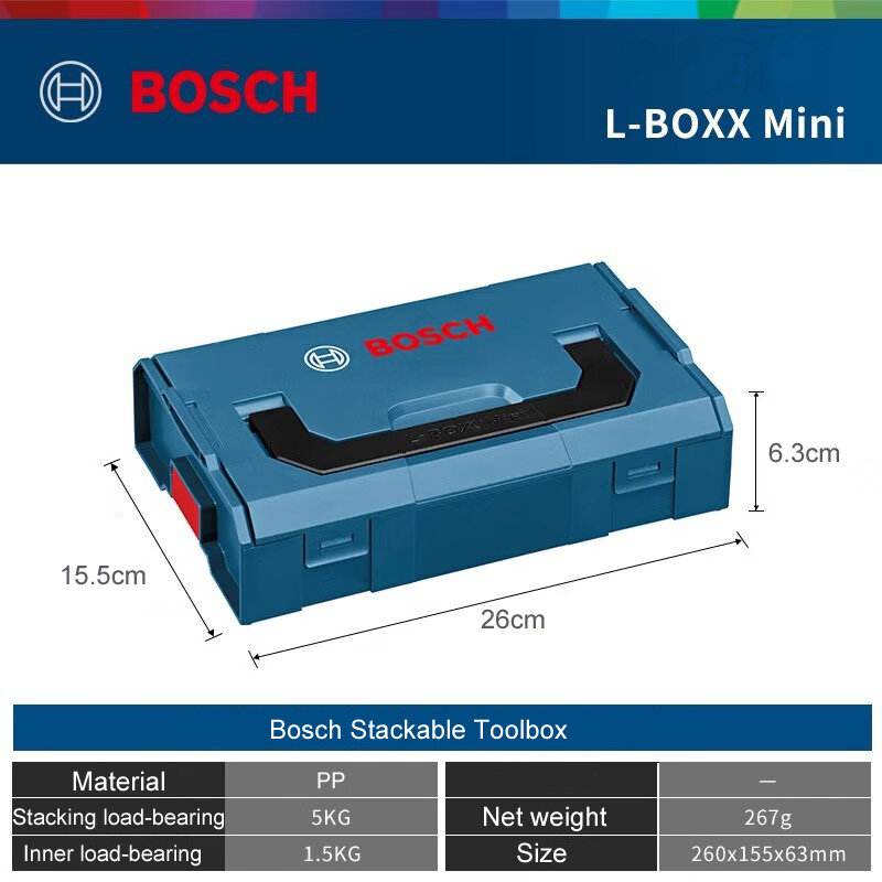 Bosh L-BOXX-Mini caja de herramientas apilable, estuche de almacenamiento portátil, accesorios multifuncionales, bolso de mano, 153x258x62mm