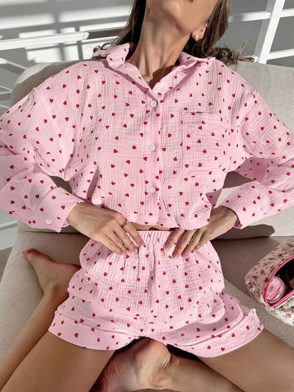 Hiloc Elegant Cotton Print Shorts Sets Pajamas Women Summer Pink Long Sleeve Tops Casual Elastic Waist Shorts Sleepwears Female