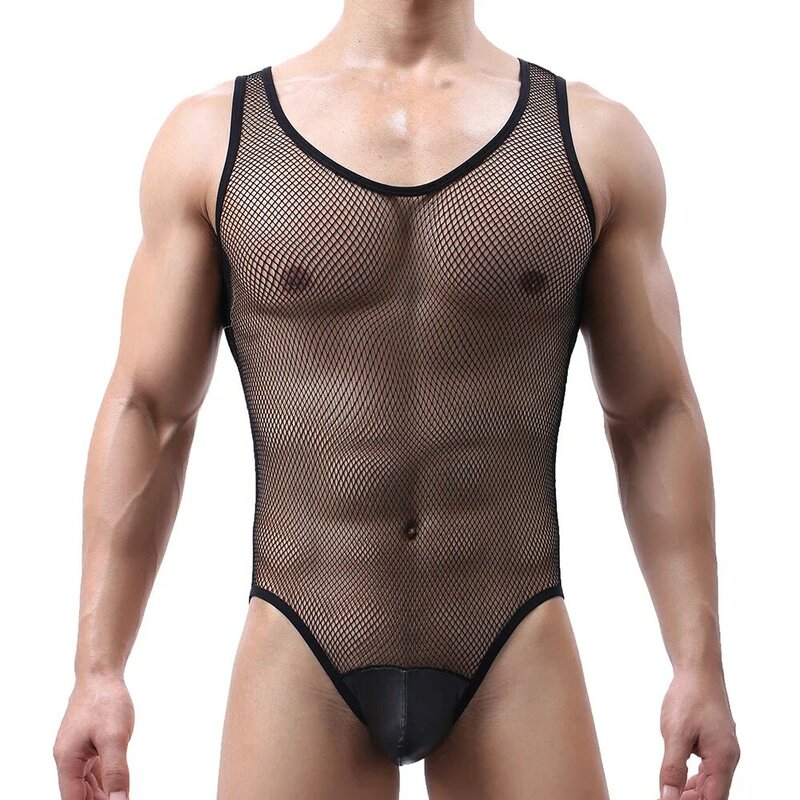 Sexy Mens Lingerie Mesh See Through PU Leather Bugle Pouch Bodysuit Wrestling Singlet Jumpsuit Sleeveless Underwear Undershirts