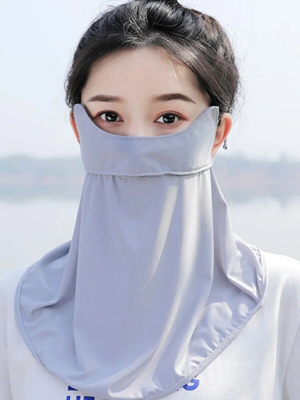 Masker tanpa jejak tabir surya untuk wanita, penutup wajah tipis bersirkulasi udara es sutra dapat dilepas UPF50 +