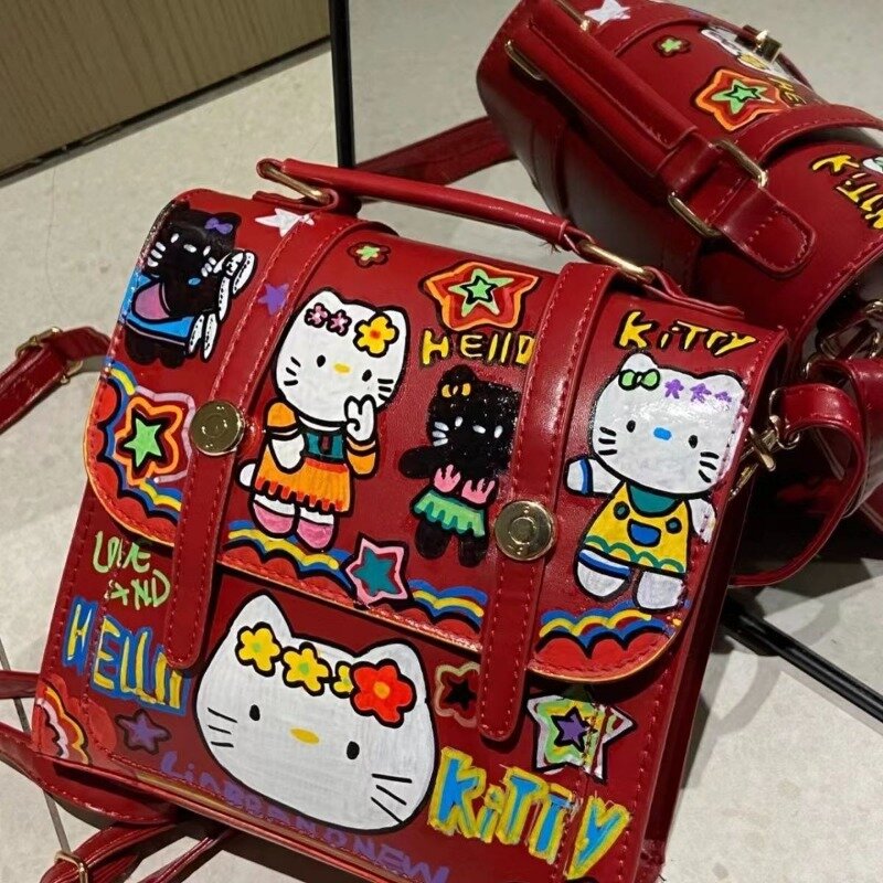 MBTI Hello Kitty Womens Backpack Graffiti Cute Square Vintage Red Harajuku Casual Backpacks Female Fashion Designer Luxury Bag