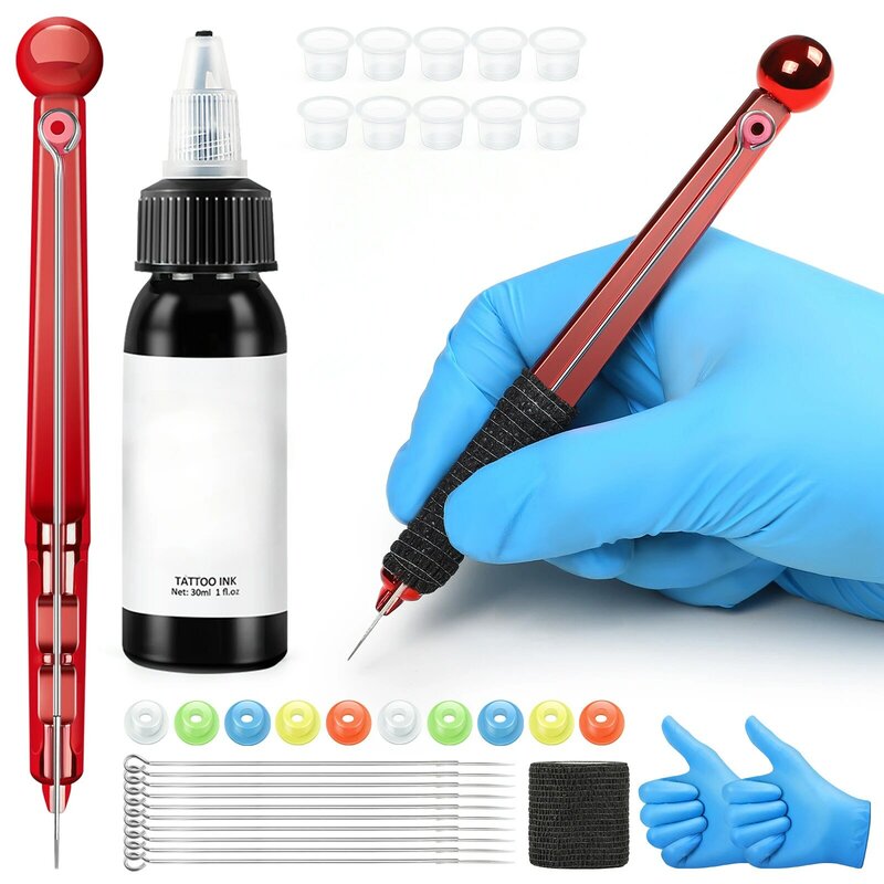 1 Set Hand Poke Pen and Stick Tool Tattoo Needle Holder Tattoo Ink Cup Pigment Glover Grommet Bandage Kit