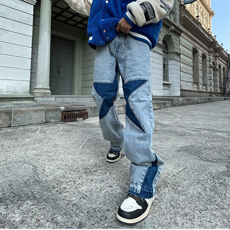 Jeans Hip Hop Bintang Mode Celana Jeans Lurus Tambal Sulam Warna Kontras Celana Denim Kasual Longgar Retro Pria