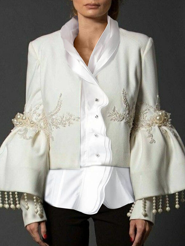 Vintage elegante Stehkragen Jacken Frauen Frühling Perle Fransen Dekor Stickerei ausgestellte Ärmel Mantel Party Abend Oberbekleidung
