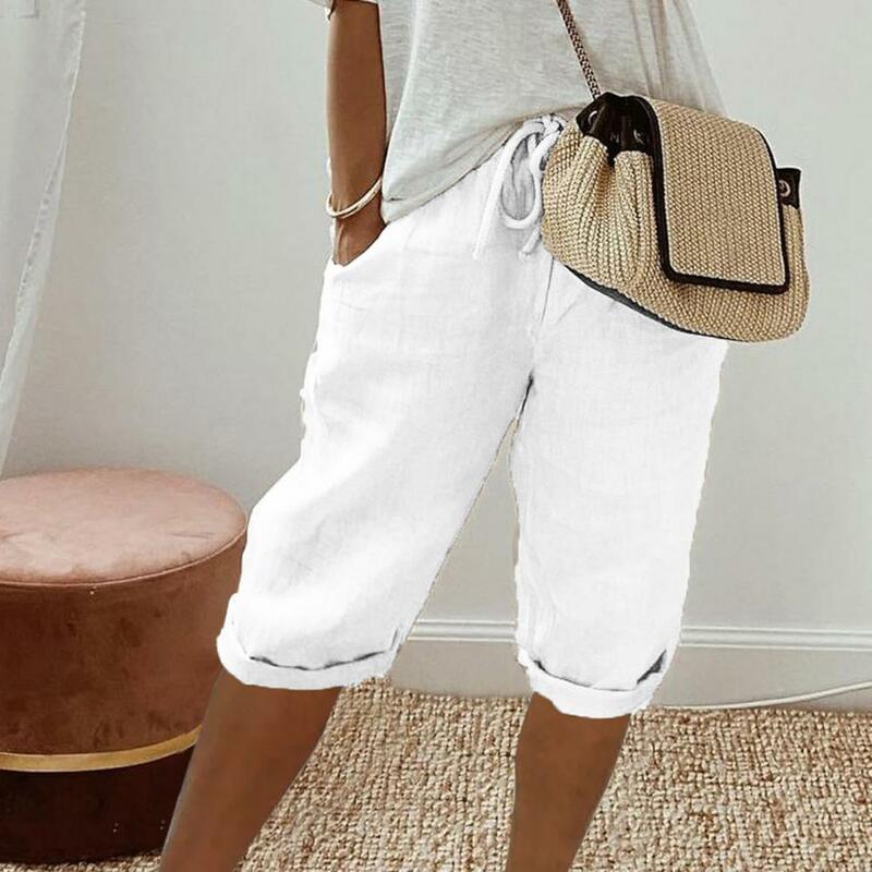 กางเกงยาวถึงเข่าสไตล์วินเทจสำหรับผู้หญิงกางเกงเอวยางยืดระบายอากาศได้ดีมีกระเป๋ากางเกงเอวยางยืดสีทึบ