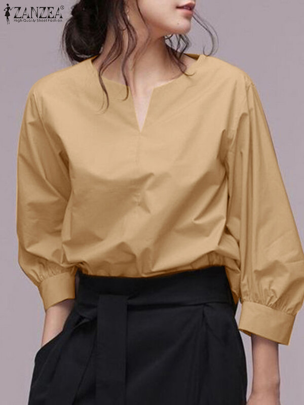 ZANZEA-Blusa de manga lanterna para mulheres, tops vintage com decote em v, túnicas soltas casuais, camisas grandes, moda sólida, primavera, 2022