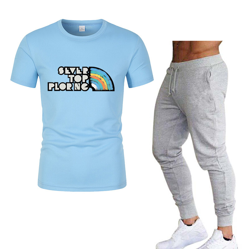 Męska koszulka z krótkim rękawem i spodnie do biegania z napisem grafika drukowana 2 codzienne sportowe regularne spodnie komplet garniturów wiosenne lato