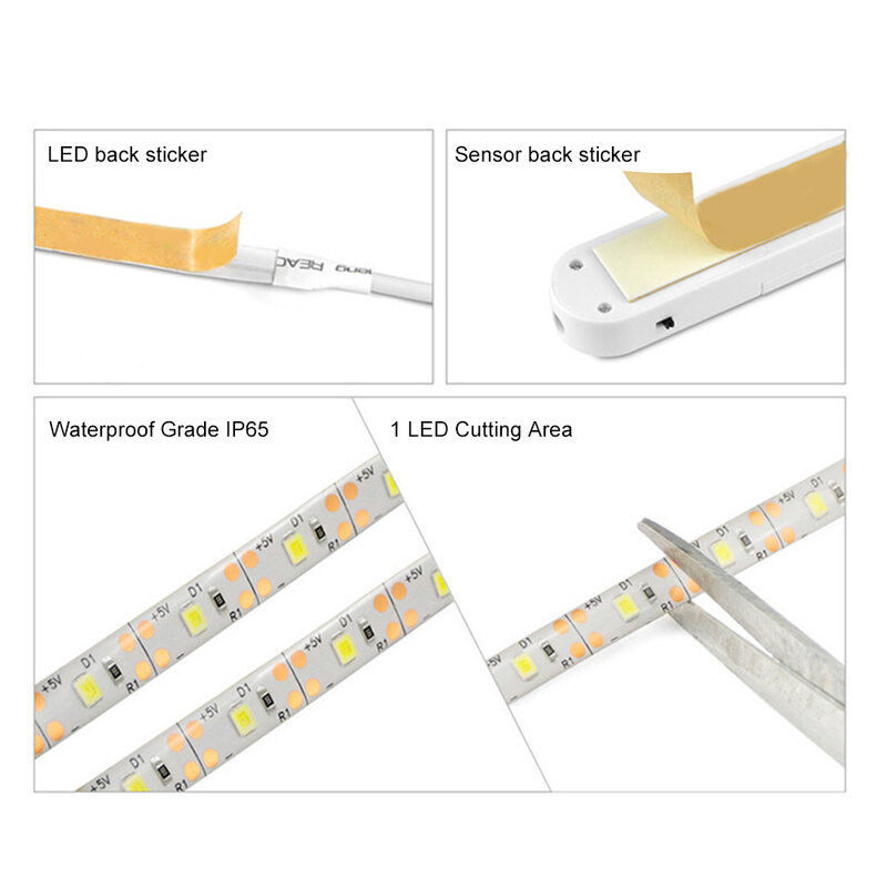 ไฟแถบไฟ LED เซ็นเซอร์ตรวจจับการเคลื่อนไหว PIR 1/2/3M แสงสีขาว/อบอุ่นสำหรับตู้บันไดเตียงตัดแถบไฟ LED กันน้ำ