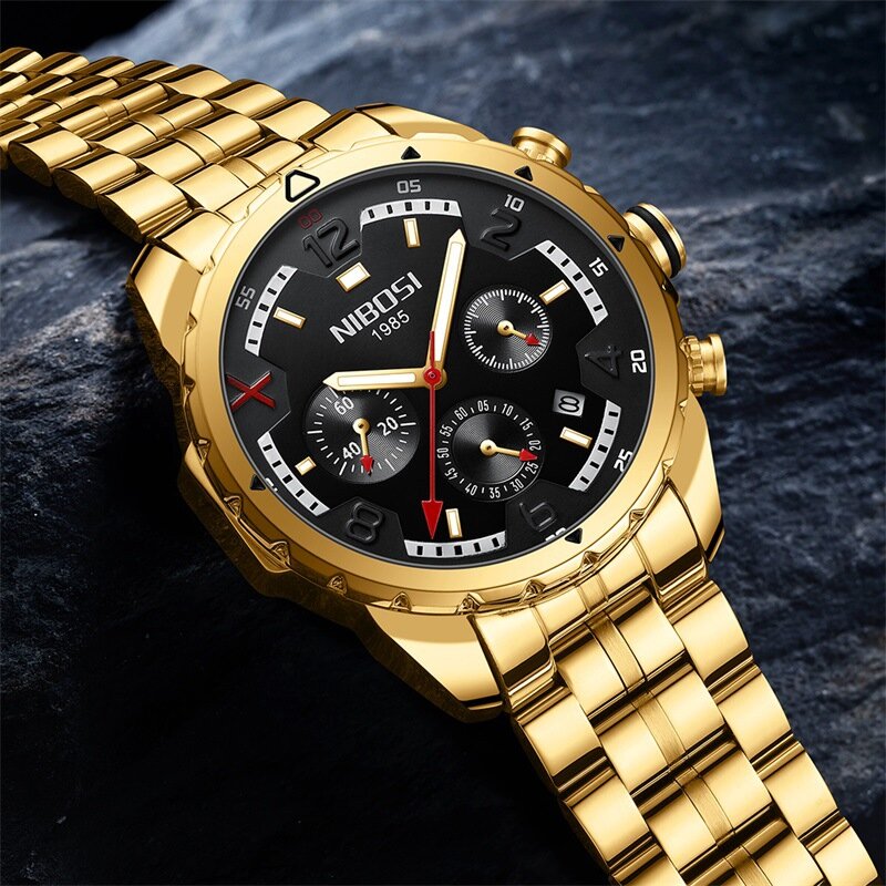 NIBOSI jam tangan kronograf mewah, jam tangan kuarsa olahraga baja tahan air untuk pria, jam tangan modis tanggal untuk pria