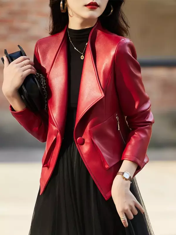 Jaqueta de couro casual feminina, casaco vermelho curto, roupa de lapela, moda, outono, inverno, 2023