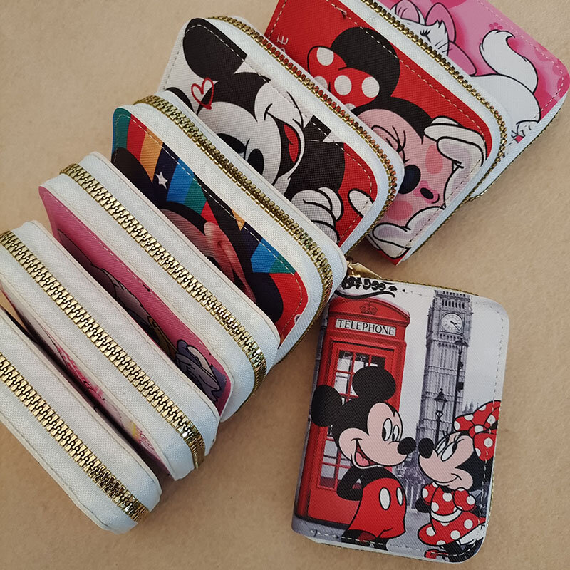 Cartera de piel sintética con dibujos animados para tarjetas de crédito, Mini bolso de mano con cremallera, tarjetero de órgano, Mickey y Minnie