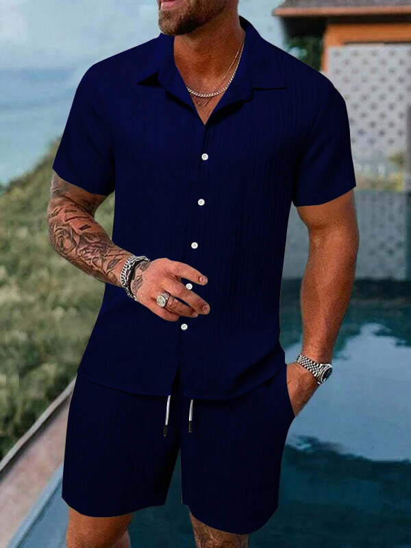 ชุดเสื้อพิมพ์ลาย3D สำหรับผู้ชายเสื้อเชิ้ตลำลองแขนสั้นลายทางสีทึบชุดชายหาดกางเกงขาสั้นฤดูร้อนชุดเสื้อผ้าฮาวาย