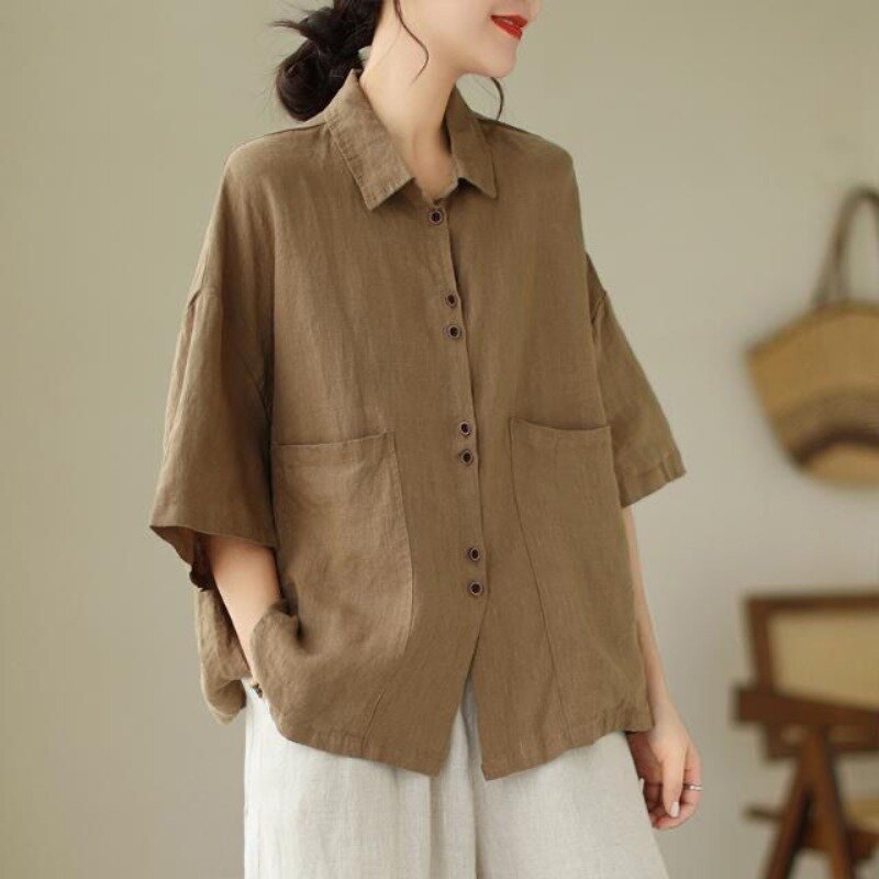 Женская Однотонная рубашка-поло из хлопка, с коротким рукавом