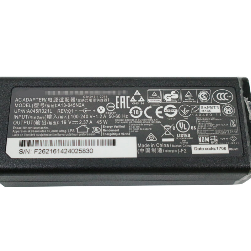 Adaptador de cargador para portátil, fuente de alimentación de 19V, 2.37A, 5,5x1,7 MM, 45W, para Acer Aspire 3, A314-31, A515-51-3509, serie E5-573-516D