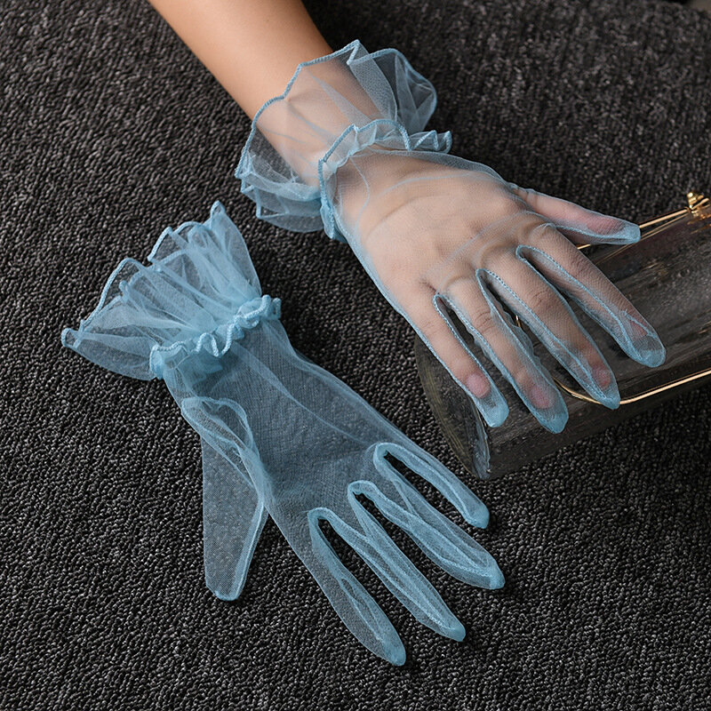 Sarung tangan renda jari penuh wanita, sarung tangan Ultra tipis Tulle pendek etiket elastis gunting daun Lotus transparan 1 pasang