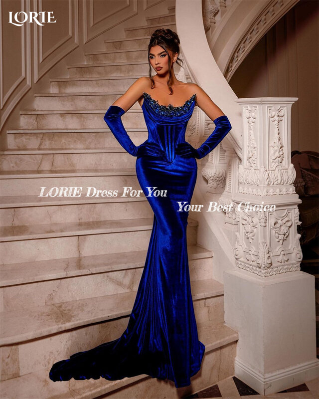 LORIE-Robe de Soirée Sirène Bleu Royal, Tenue de Bal Plissée, avec Perles, Dos aux, pour ixde Célébrité, sans Gants