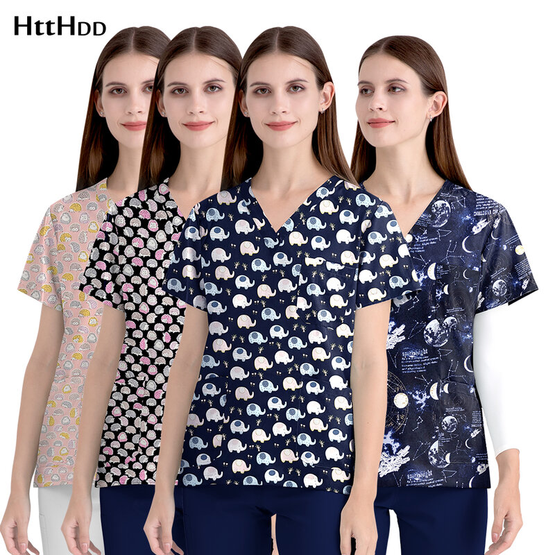 Homens e mulheres respirável enfermeira uniforme médico, impresso camisa de trabalho de algodão, top manga curta, impressão personalizada desgaste, unisex
