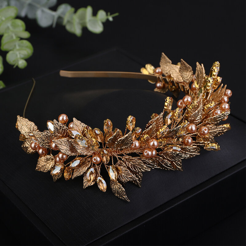Trendy Pearl Rhinestoen Diamonds Green Bridal Crown Handamde Leaves Wedding Headband Hair Accessories for Women Gold Party Tiara