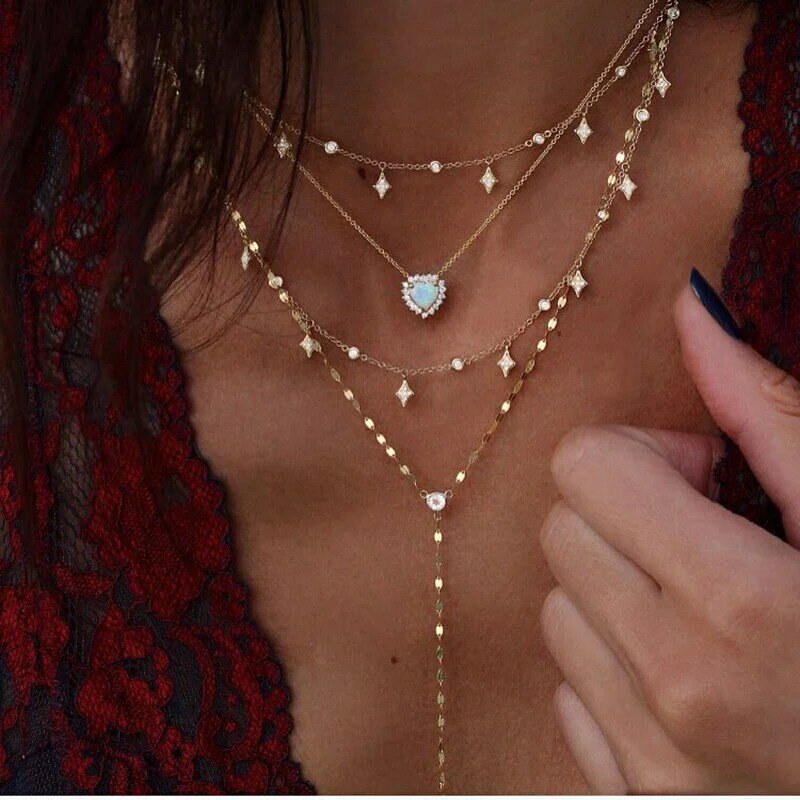 Boho Kalung Kristal Multi-elemen untuk Wanita Mode Kalung Emas Antik Beberapa Lapisan Liontin Kalung Hadiah Perhiasan