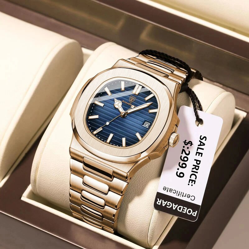 POEDAGAR 남성용 비즈니스 스테인리스 스틸 쿼츠 손목시계, 방수 야광 날짜 사각형 시계, 박스 포함