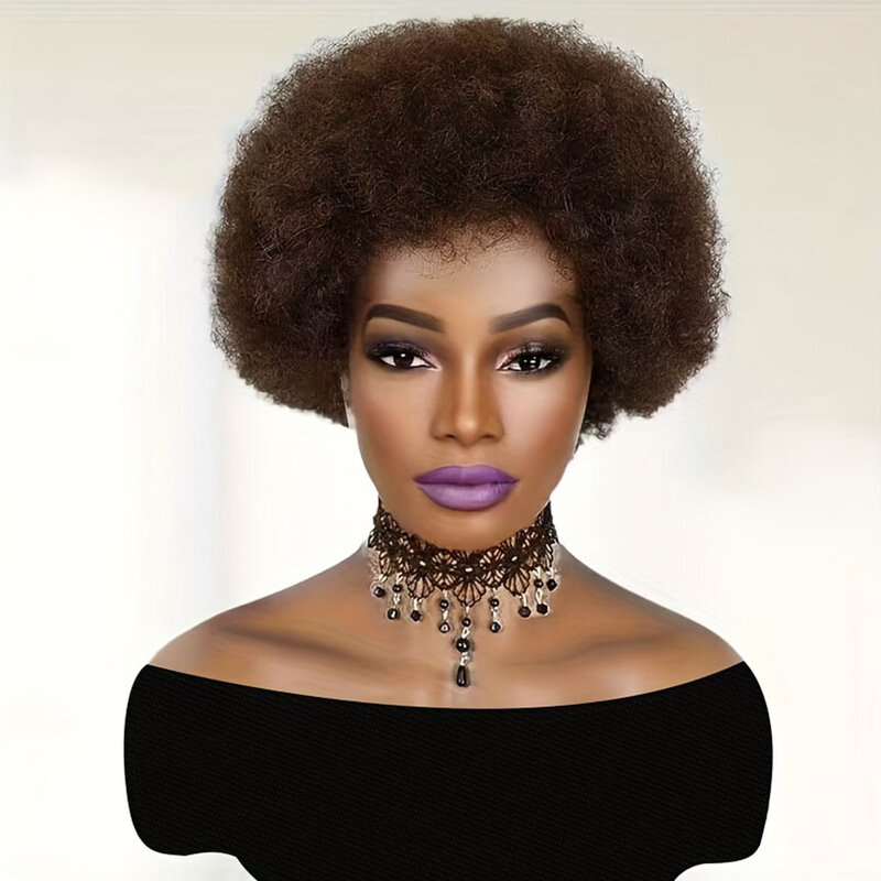 Gluless-peluca Afro rizada esponjosa para mujeres negras, cabello humano brasileño Remy, corto, desgastado para ir, Marrón Natural, Borgoña