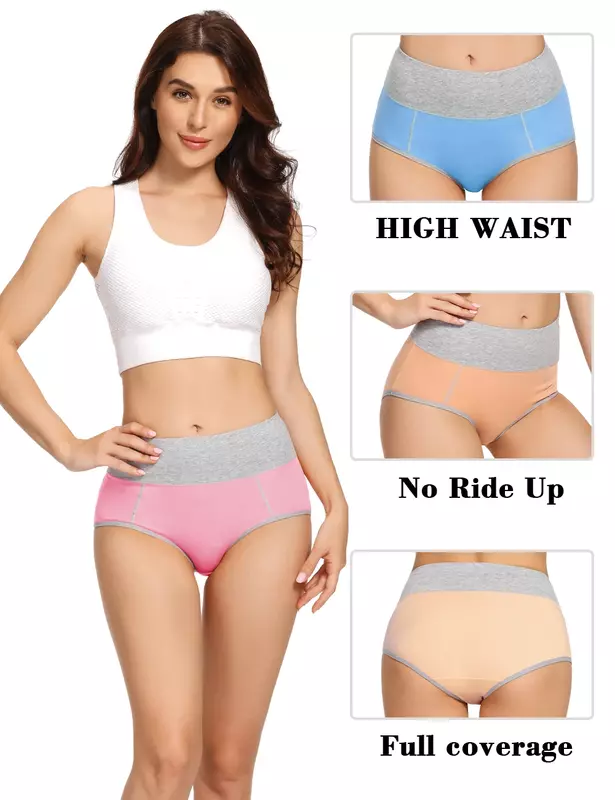 POKARLA 5pcs Women's Cotton Panties Soft Color Matching Underwear Ladies High Waisted Briefs for Girls/Mother  Sports Work Sleep