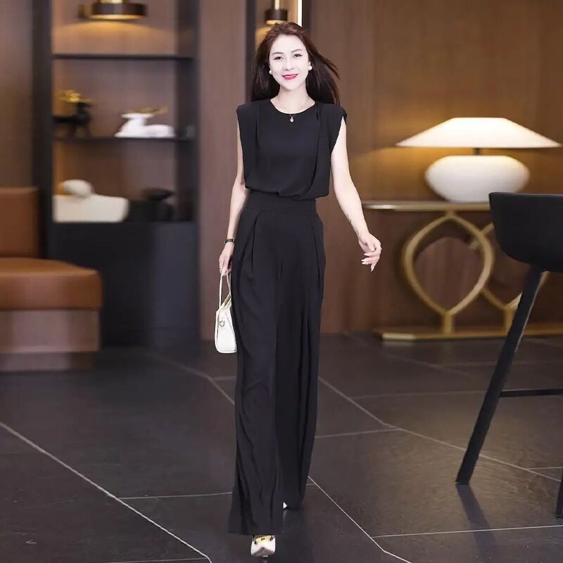 여성 2024 캐주얼 처진 오프숄더 민소매 크롭탑, 하이웨이스트 와이드 팬츠 2 종 세트, 한국 패션, 여름 신상