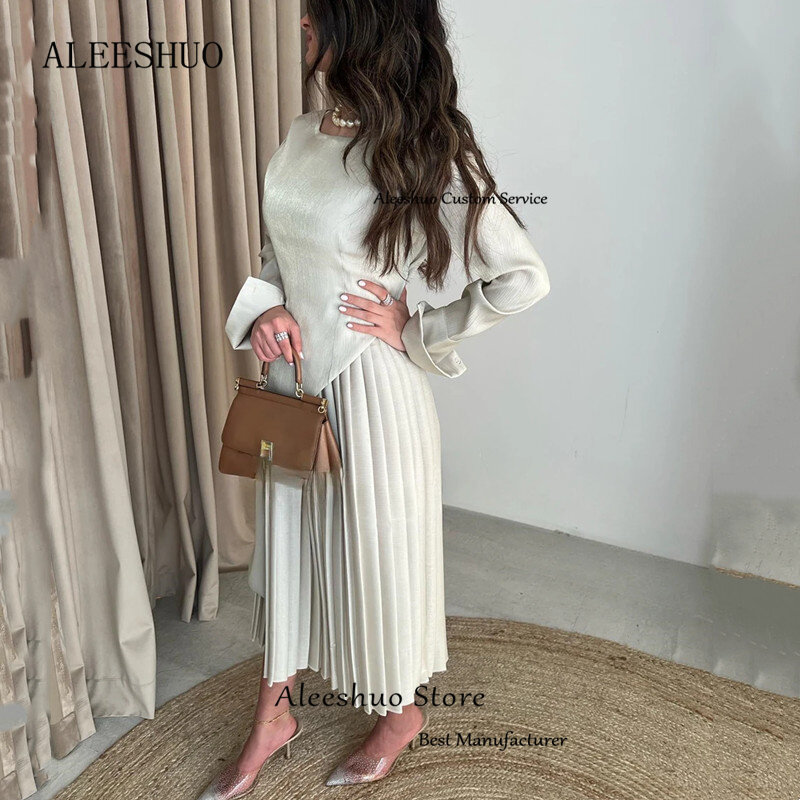 Aleeshuo Modern Long Satin Prom Gowns A-Line O-Neck Saudi Arabia Long Sleeves Evening Dresses فساتين السهرة Pleated Ankle-Length