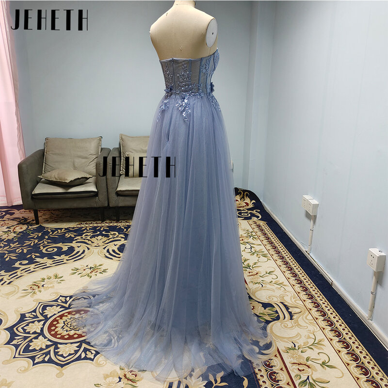 JEHETH zakurzony niebieska suknia balowa błyszczący wysokie rozcięcie kochanie kwiatowy A linia bufiaste rękawy formalne suknie wieczorowe na zamówienie