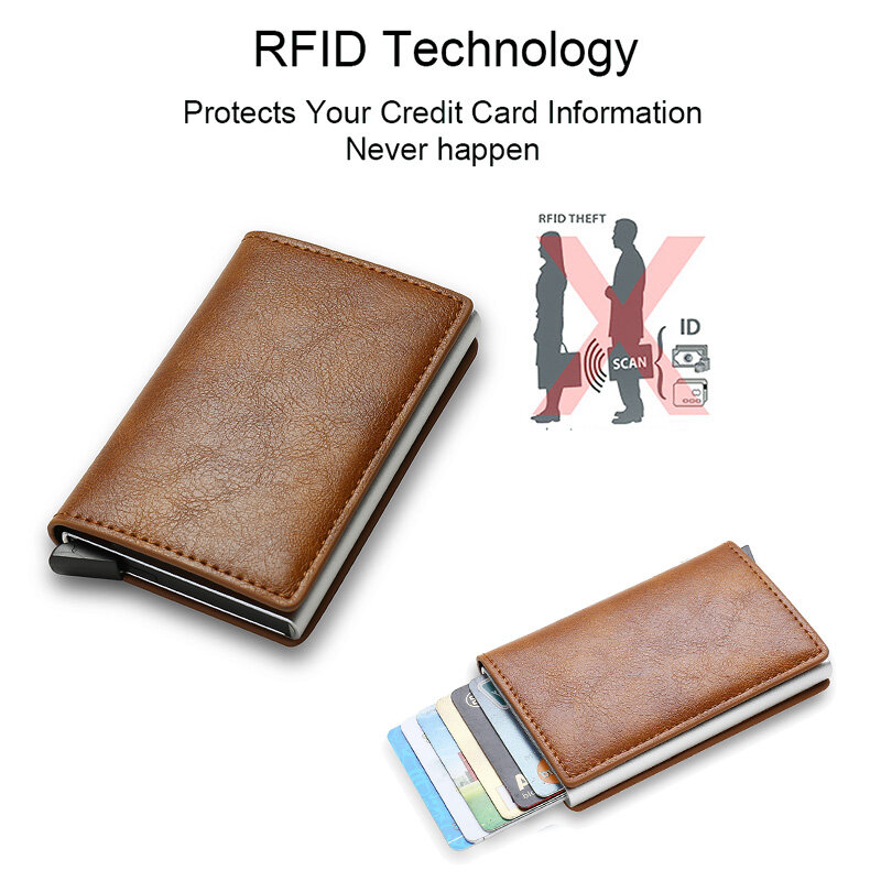 กระเป๋าสตางค์หนังใบเล็กบางป้องกัน RFID กระเป๋าใส่บัตรเครดิตสำหรับผู้ชายกระเป๋าสตางค์แบบมินิมอลลิสต์กระเป๋าสตางค์สั้นวิเศษ