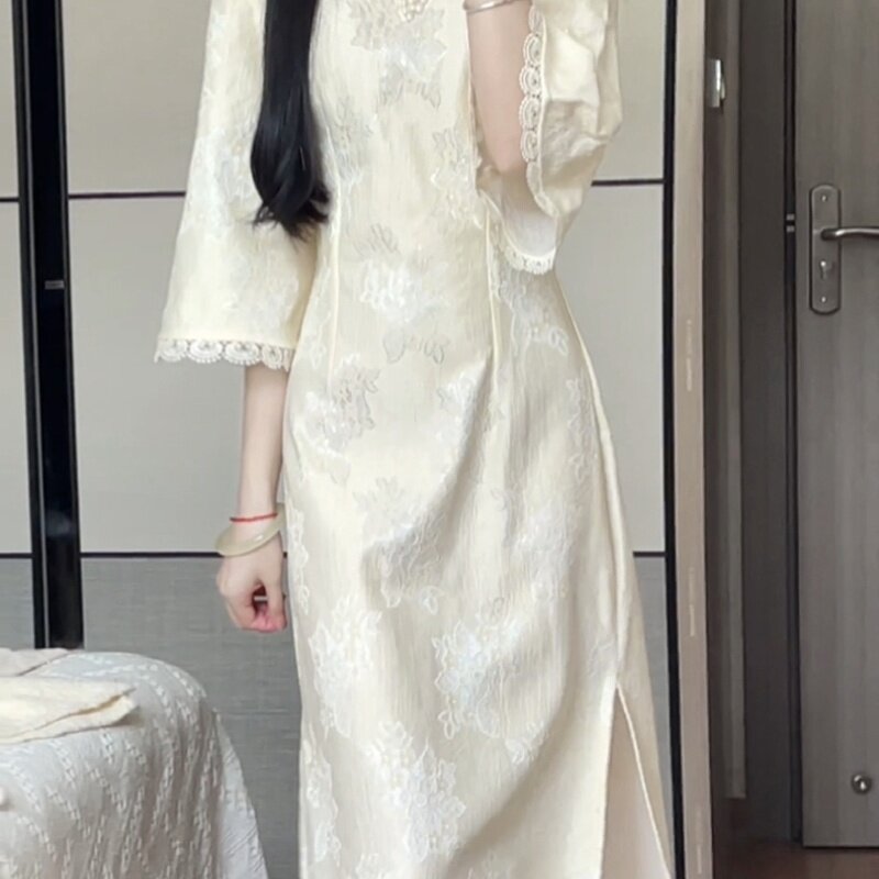 Vestido longo dividido de peça única para mulheres, hanfu pequeno, Qipao elegante, estilo República da China, novo