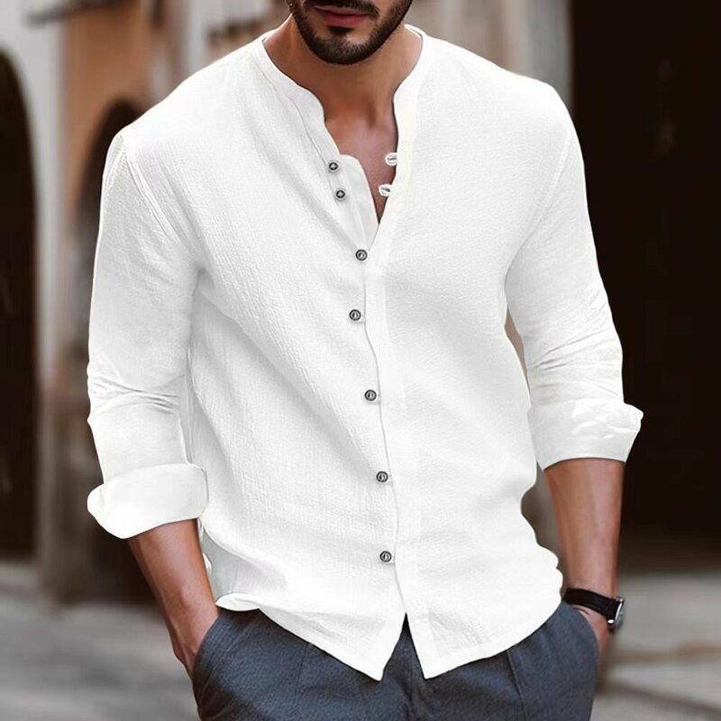 Camisa de lino y algodón para hombre, camisa holgada, cómoda, informal, cuello levantado, color sólido, novedad