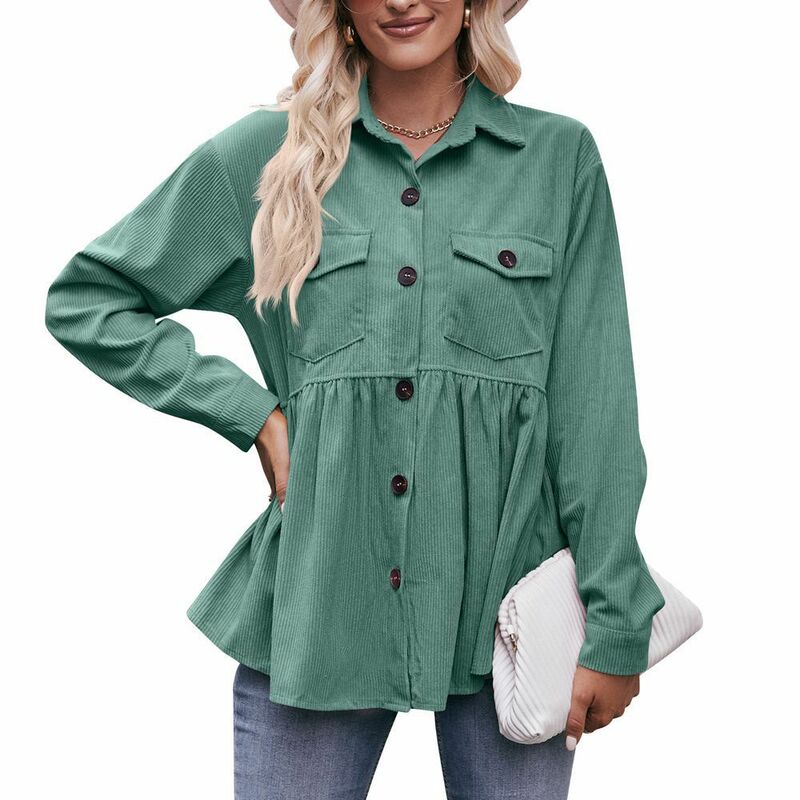 Women Loose Fit Blouse Corduroy Long Sleeve Shirt Plain Solid Color Tops With Pocket Flap Pocket Drop Shoulder Peplum Hem Blouse