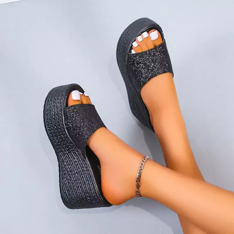 Solid Wedges Rubber Slippers for Women 2024 New Hot Sale Fashion High Heel Ladies Shoes Pu Casual Women's Slippers Zapatos