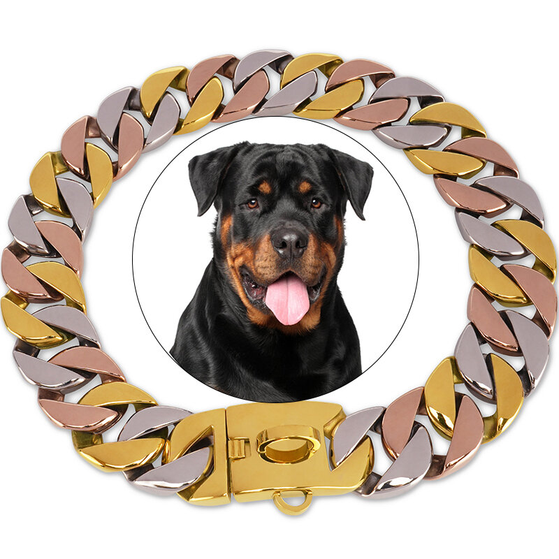 Colliers de bain en acier inoxydable pour grands chiens, tour de cou en métal doré, collier pour animaux de compagnie, Pitbull, 32mm