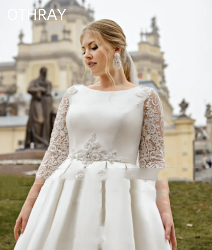 Plus Size Jewel Neck Half Sleeves Bride Gown Lace Beads Floor Length A-Line Satin Vestido De Novia Classic Wedding Dresses 2024