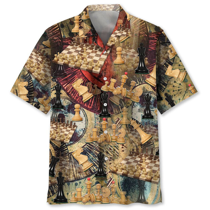 남성용 빈티지 체스 패턴 셔츠, 3D 프린트 반팔, 느슨한 라펠 하와이안 셔츠, Y2k 여름 스트리트 단추 블라우스
