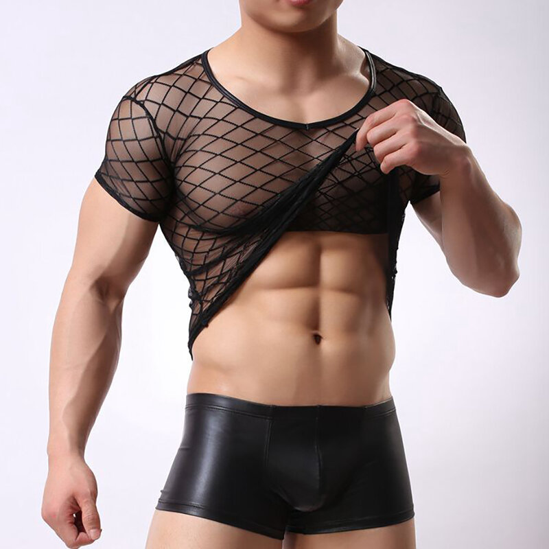 Mens See-Through Short Sleeve T-Shirt Summer Tops Mesh Breathable Tops Sexy Skin Tight Fitted Leisure Shirts Gay Tee Costumes