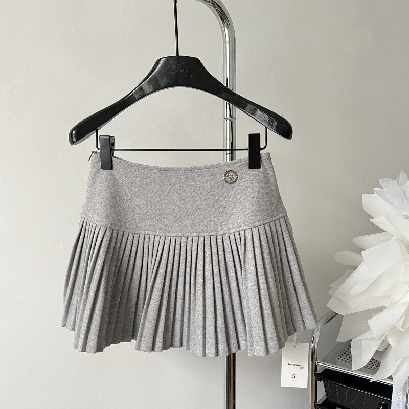 Falda corta plisada de lana para mujer, de cintura alta minifalda, línea A recta, estilo coreano americano, Otoño e Invierno