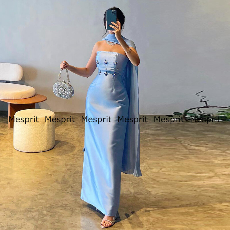 Himmelblaues Meerjungfrau Abendkleid mit abnehmbaren Chiffon umhang träger losen Kristallen knöchel lange saudi-arabische Coctail-Kleider