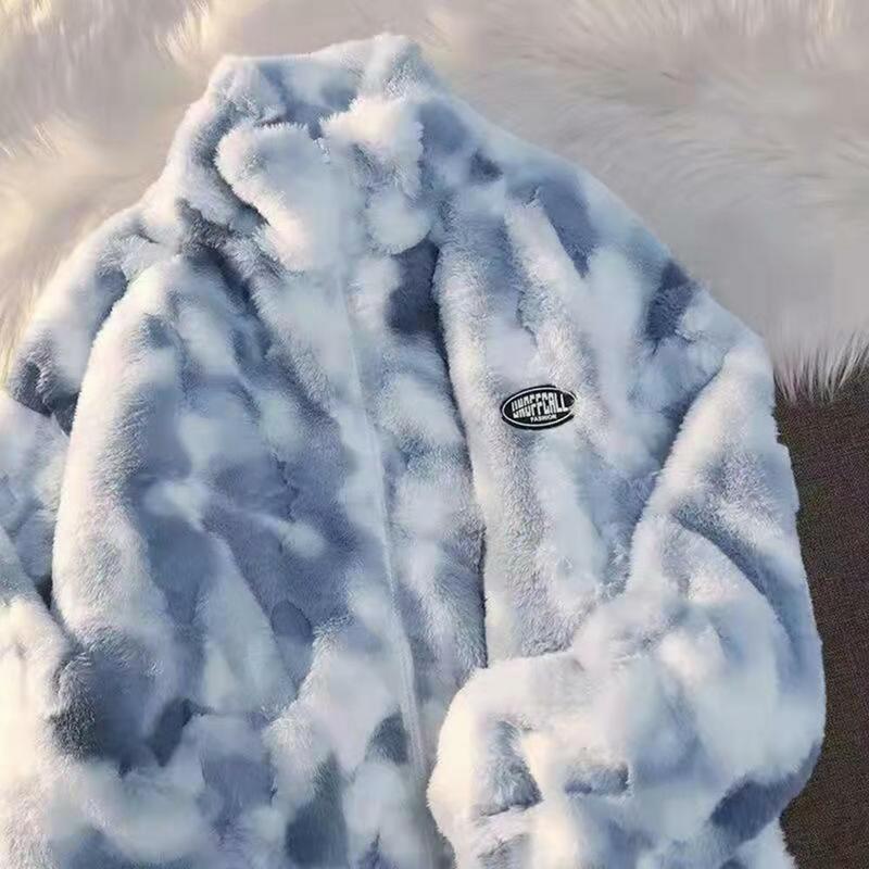 Women Winter Coat Faux Fur Fleece Tie Dye Thickening Long Sleeves Cold-proof Soft Stand Collar Outdoor Coat for Daily Wear