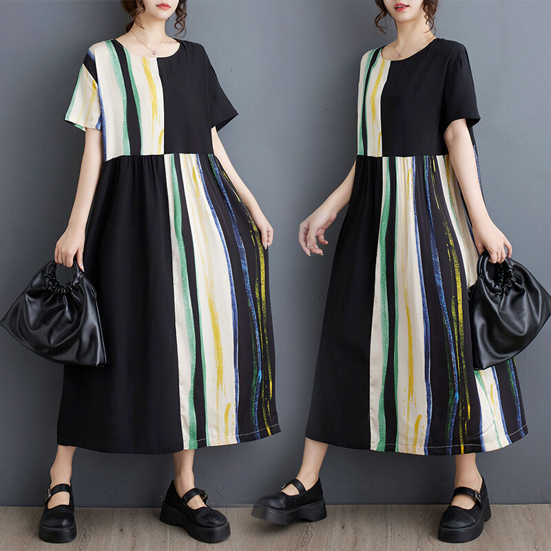 Japanese Korea Style Patchwork Print Striped Short Sleeve Loose Summer Black Dress Fashion Women Casual Dress Lady Work Dress