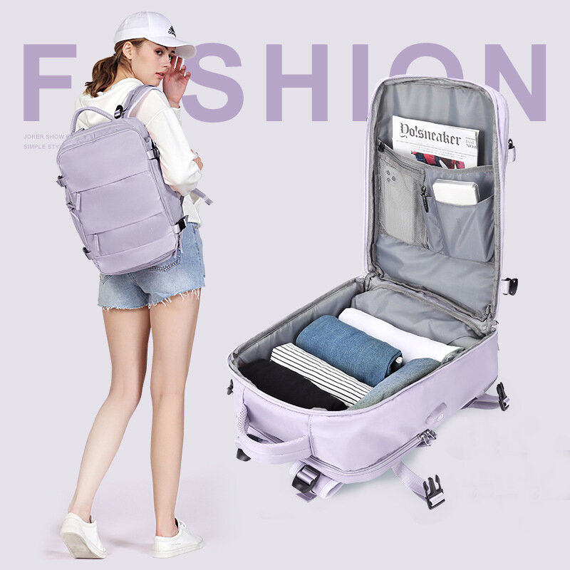Mochila multifuncional de viaje para mujer, bolso de hombro impermeable con carga USB, para ordenador portátil, con bolsillo para zapatos, 35L