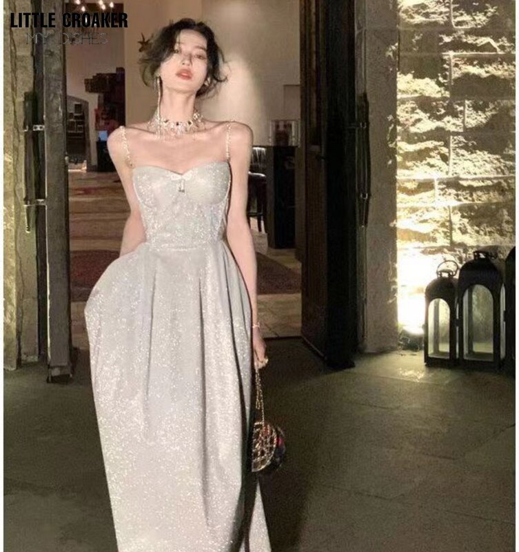 Metal Spaghetti Strap Evening Dresses for Women Ball Gowns Shiny Sequin Padded Long Glitter Prom Dress