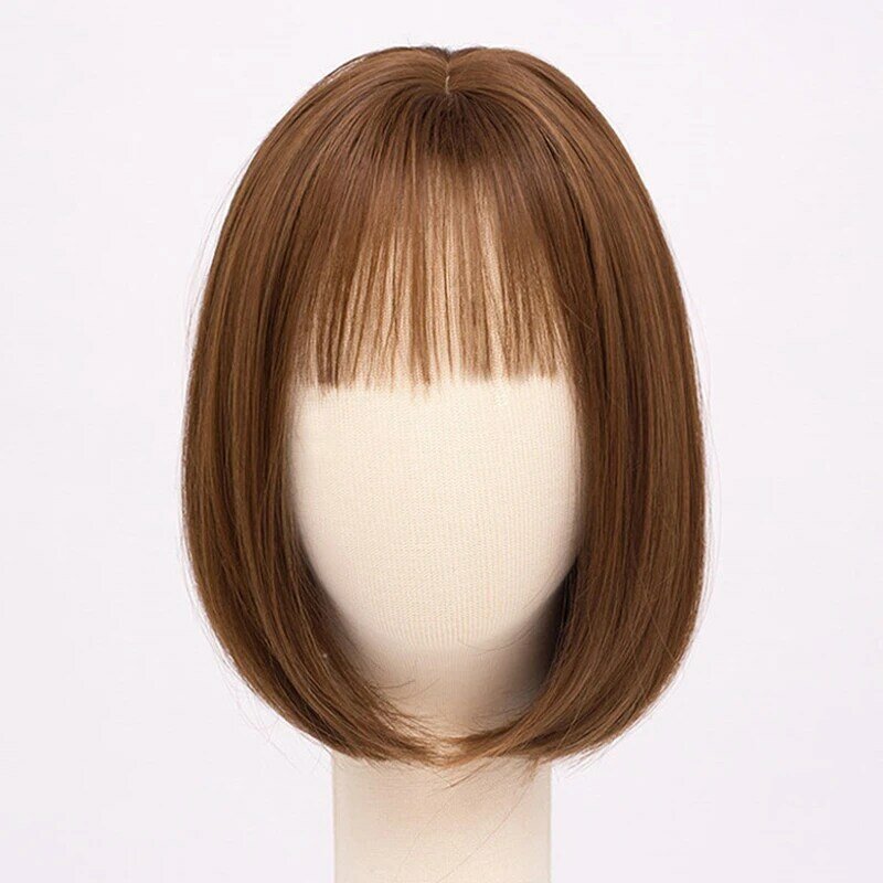 Fashion Natural Synthetic Heat Resistant Hairpieces with Bangs for Woman Glueless Short Straight Brown Hair for Daily Use