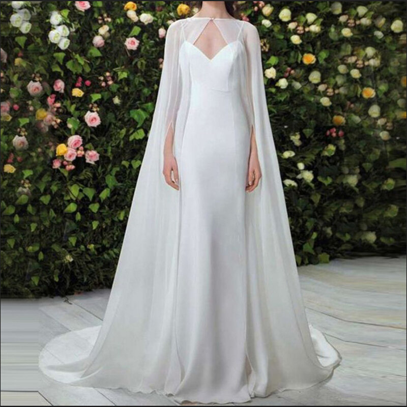 Simple Chiffon Wedding Dress Cloak with Train Bride Jackets Bolero White Long Bridal Shawl Wrap Evening Cover Up